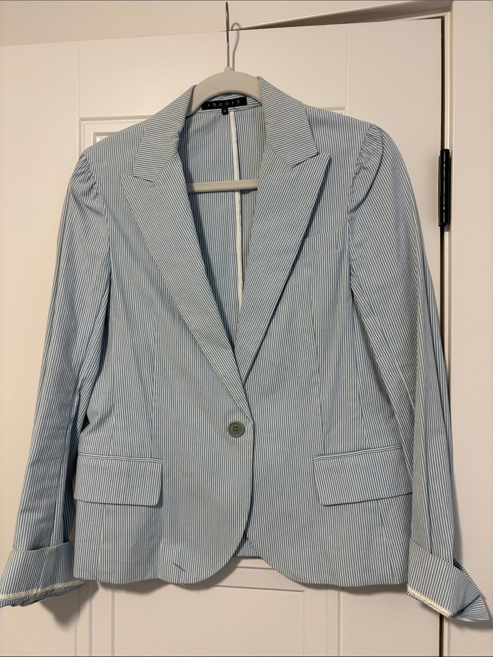 Theory Light Blue and White Pinstripe Women's Blazer